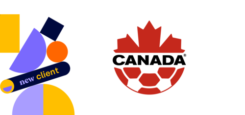 Illustration on the left with various shapes in the WRF brand identity colours dark blue, mid blue, light blue, orange and yellow with the inscription "New client" in the centre. On the right-hand side is the Canada Soccer logo, which combines a football and the Canadian maple leaf in the colour red.