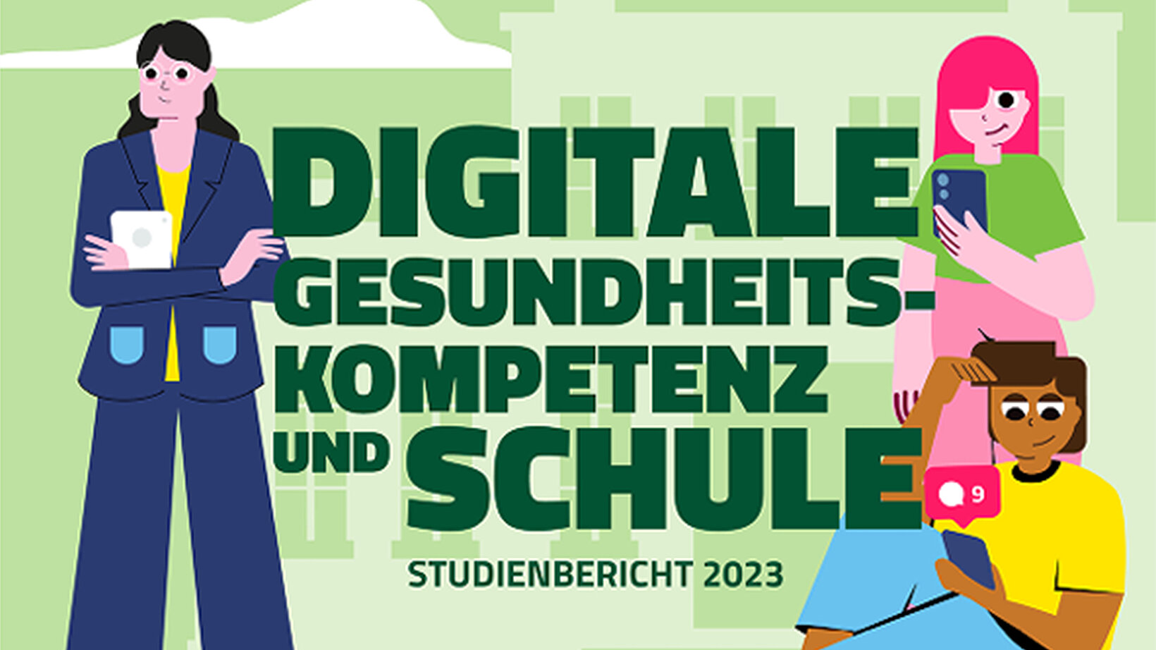 Illustration mit drei Personen unterschiedlichen Alters, die digitale Geräte nutzen, daneben der Titel „Digitale Gesundheitskompetenz und Schule – Studienbericht 2023“. Logos von „Durchblickt!“, „Barmer“, „TUM“ und „Hochschule Fulda“ sind zu sehen
