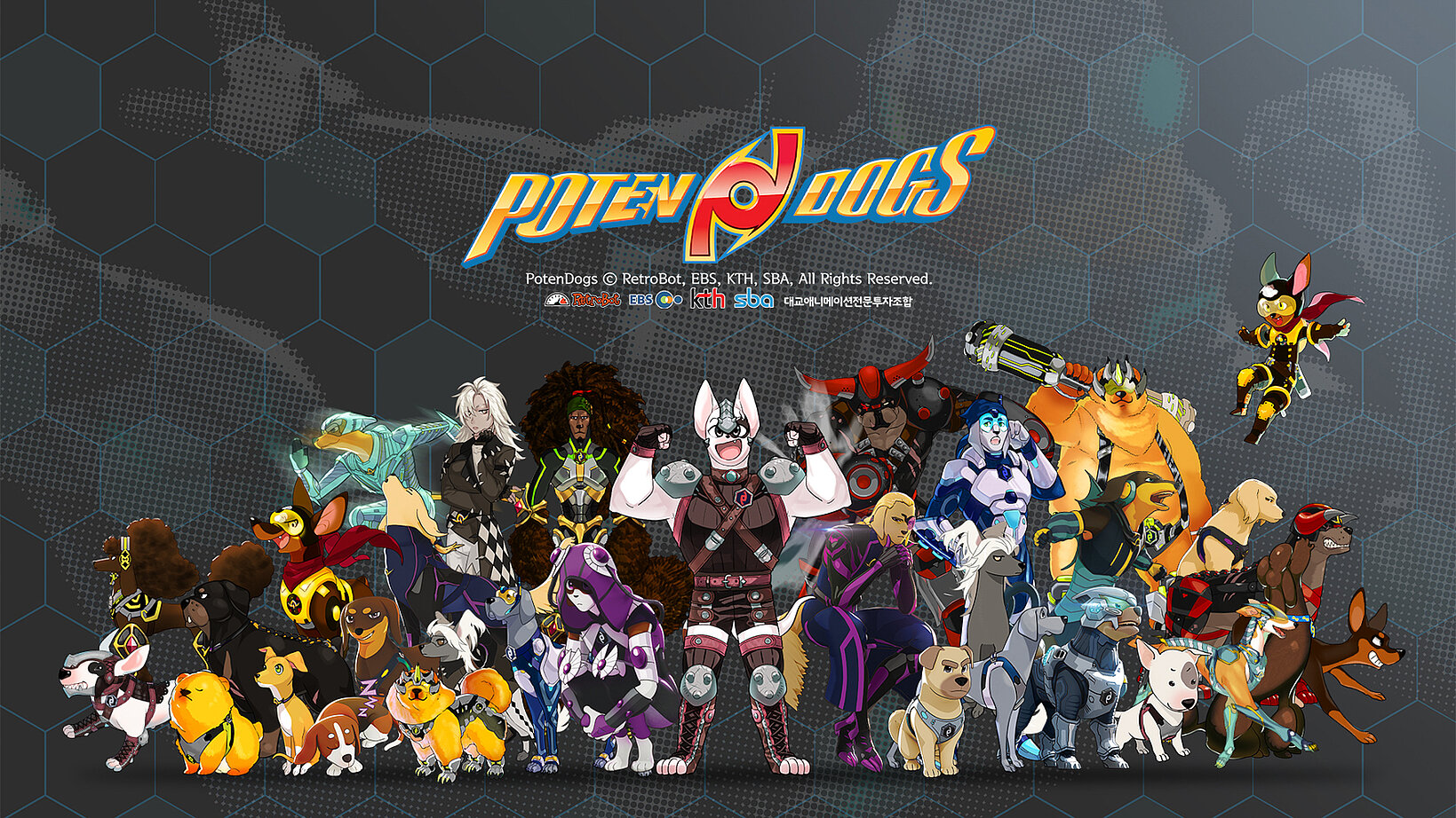 A group of anthropomorphic dogs and futuristic characters depicted as a team in an animated series called "PotenDogs." The title is prominently displayed in the center of the image.