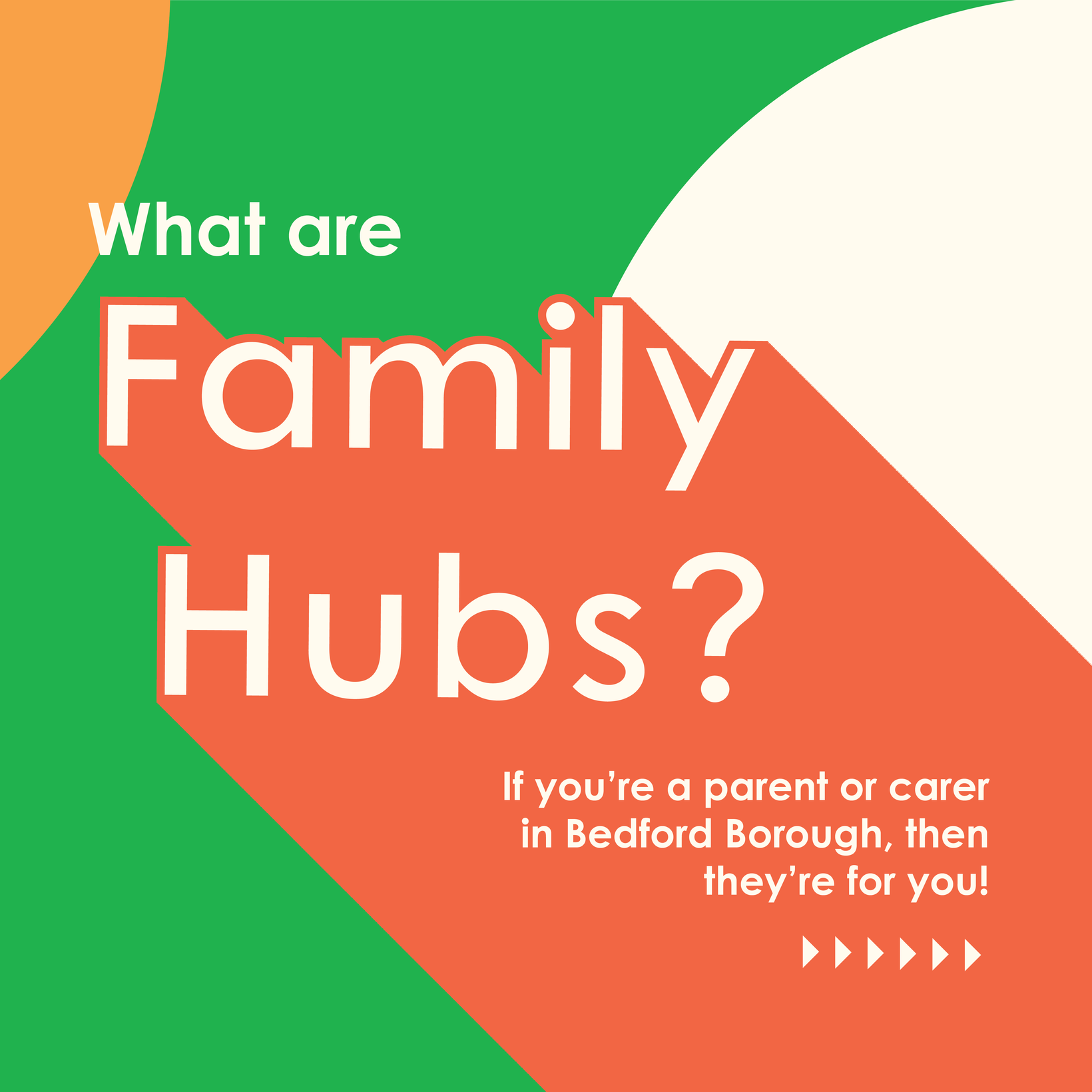 The text "What are Family Hubs? If you're a parent or carer in Bedford Borough, then they're for you!" on a red background with additional colors green, orange and white.