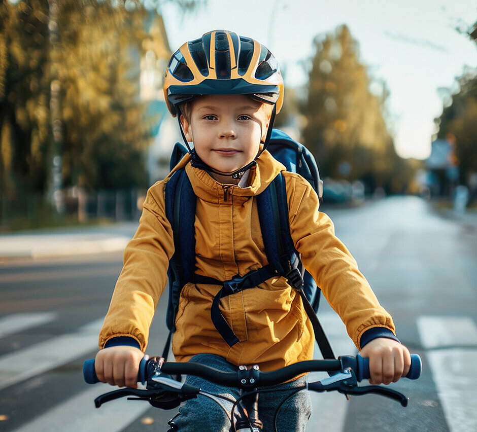 Kind mit Helm und gelber Jacke sitzt auf einem Fahrrad und schaut frontal in die Kamera