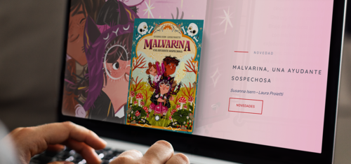 A person is at the laptop and the screen is shown, on which a picture of the book cover of "Malverina" is shown and to the right of it the writings "Novedad: Malverina, una ayudante sospechosa (Susanna Isern, Laura Proietti"