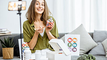 Gen Z & Nano-Influencer Influencerin produziert ein Produktvideo mit ihrem Smartphone und lächelt begeistert in die Kamera.