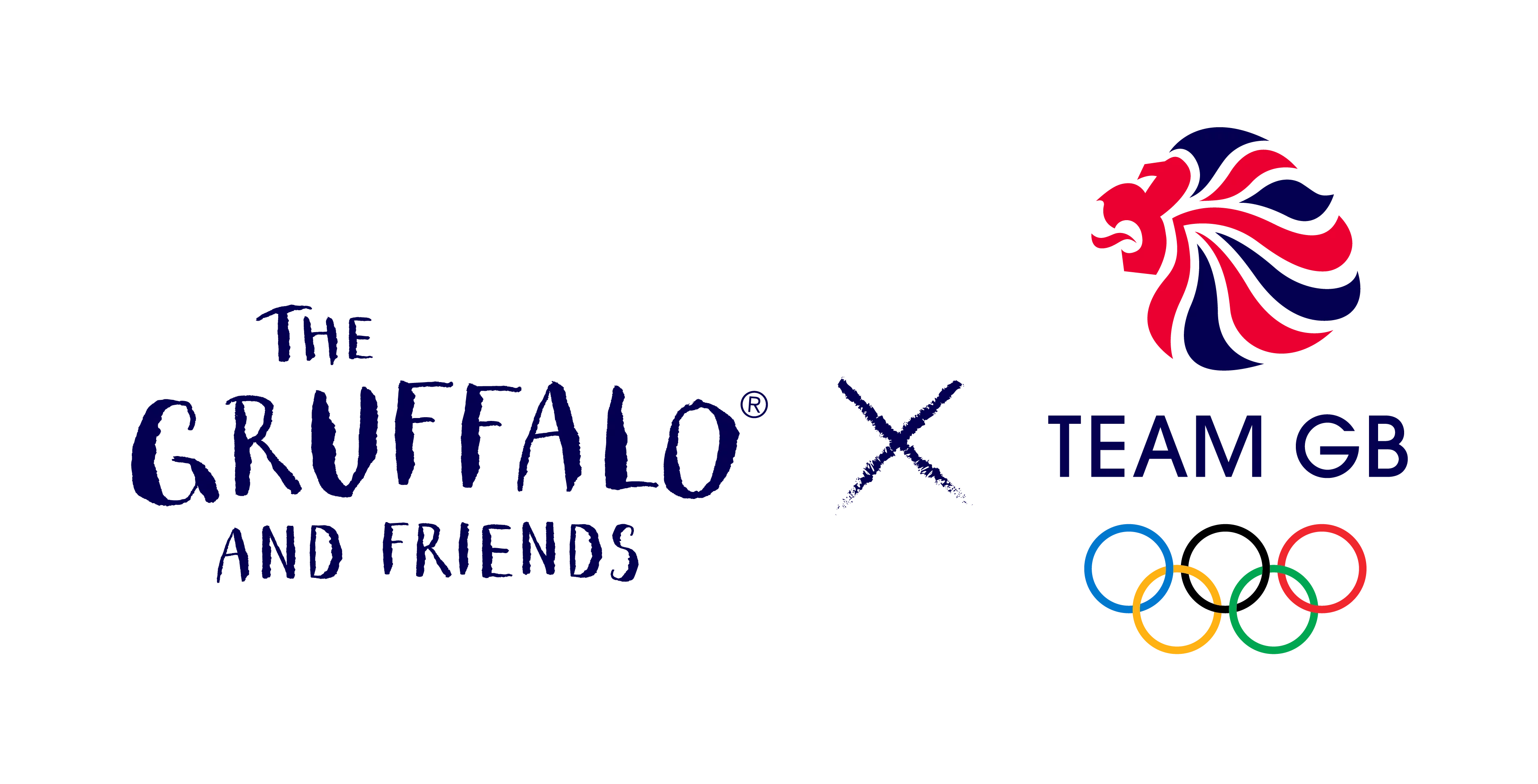 "The Gruffalo and Friends x Team GB" – Kooperation zwischen der Kinderbuchfigur Gruffalo und dem britischen Olympiateam, dargestellt mit Team-GB-Löwenlogo und Olympischen Ringen.