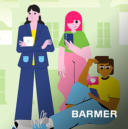 Illustration mit drei Personen unterschiedlichen Alters, die digitale Geräte nutzen, daneben der Titel „Digitale Gesundheitskompetenz und Schule – Studienbericht 2023“. Logos von „Durchblickt!“, „Barmer“, „TUM“ und „Hochschule Fulda“ sind zu sehen