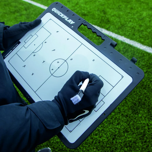 A trainer has drawn a blackboard with a soccer field and the different positions on it and adds details.