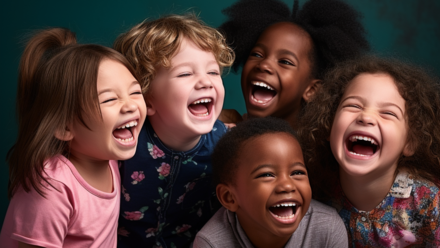 Understanding Kids - What makes kids laugh? Five smiling children from different backgrounds stand close together and enjoy the moment.