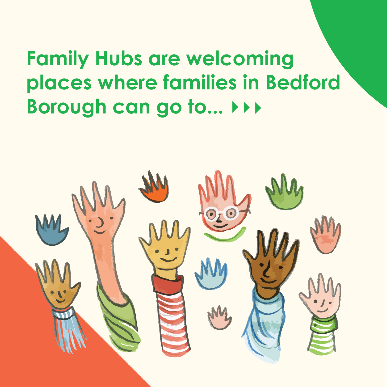 The text "Family Hubs are welcoming places where families in Bedford Borough can go to..." on a white background with the colors green and red, surrounded by colorful, smiling arms and hands.