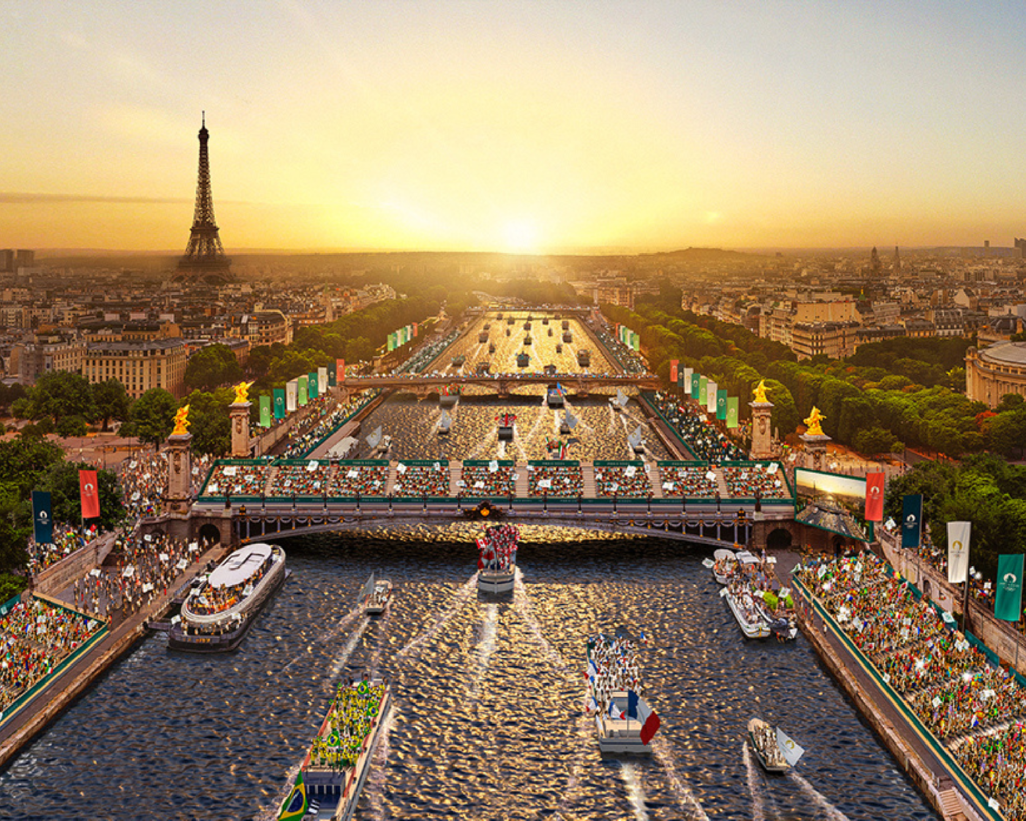 Una impresionante vista del atardecer sobre París con la Torre Eiffel de fondo, mostrando barcos y multitudes a lo largo del río Sena, celebrando un gran evento público.