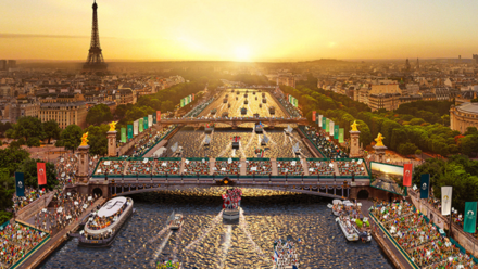 Una Oportunidad Olímpica para las Marcas Una impresionante vista del atardecer sobre París con la Torre Eiffel de fondo, mostrando barcos y multitudes a lo largo del río Sena, celebrando un gran evento público.