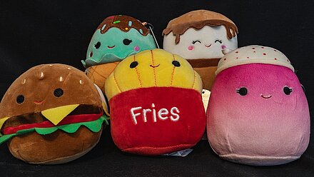 Squishmania Continues Five different cuddly toys in the shape of food such as burgers, fries and ice cream