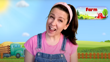 Ms. Rachel Is Teaching Your Children YouTube and TikTok presenter Ms Rachel smiles into the camera and in the background is an illustration of green fields, a tractor and a farm.