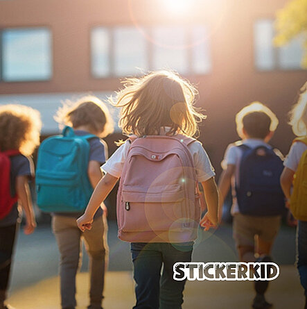 Drei Kinder rennend mit Rücksäcken auf dem Rücken plus Stickerkid Logo