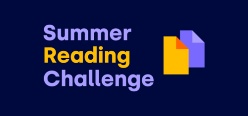 Illustration with the writing "Summer Reading Challenge" on a dark blue background with the WRF brand identity colors Light blue, mid blue, Orange and yellow.
