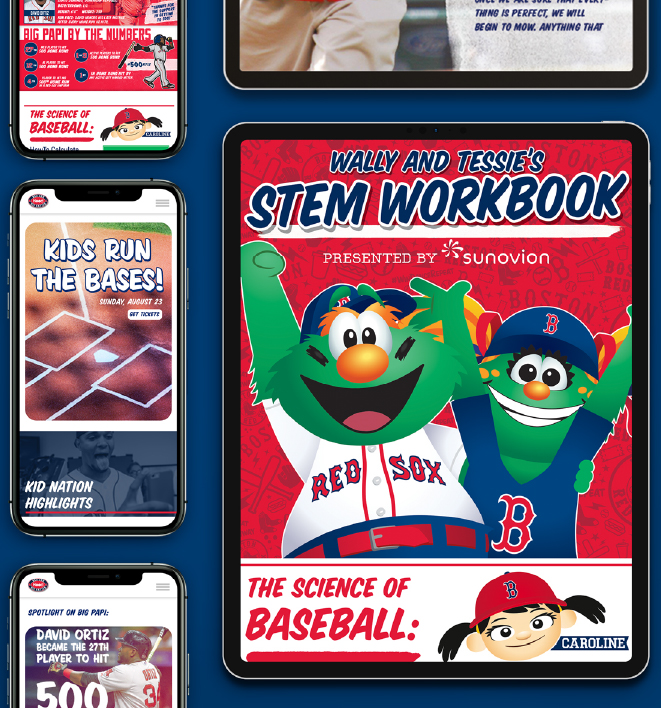 Wally and Tessie's STEM Workbook, presented by Sunovion, is a fun educational resource combining baseball with science, encouraging children to learn through sports. The cover highlights the theme "The Science of Baseball" with colorful illustrations of the Red Sox mascots.