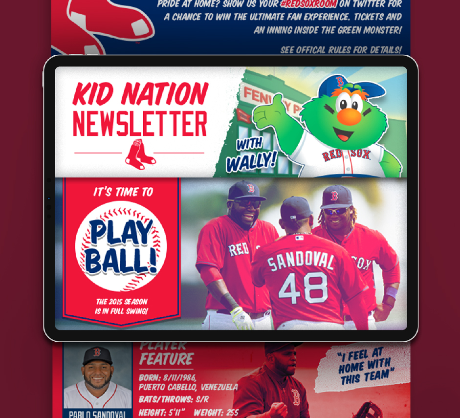 The "Kid Nation Newsletter" banner features Wally, the Red Sox mascot, and encourages young fans to engage with the team. Below, a "Play Ball!" graphic signals the 2015 season's kickoff with an image of Red Sox players in action, highlighting team spirit.