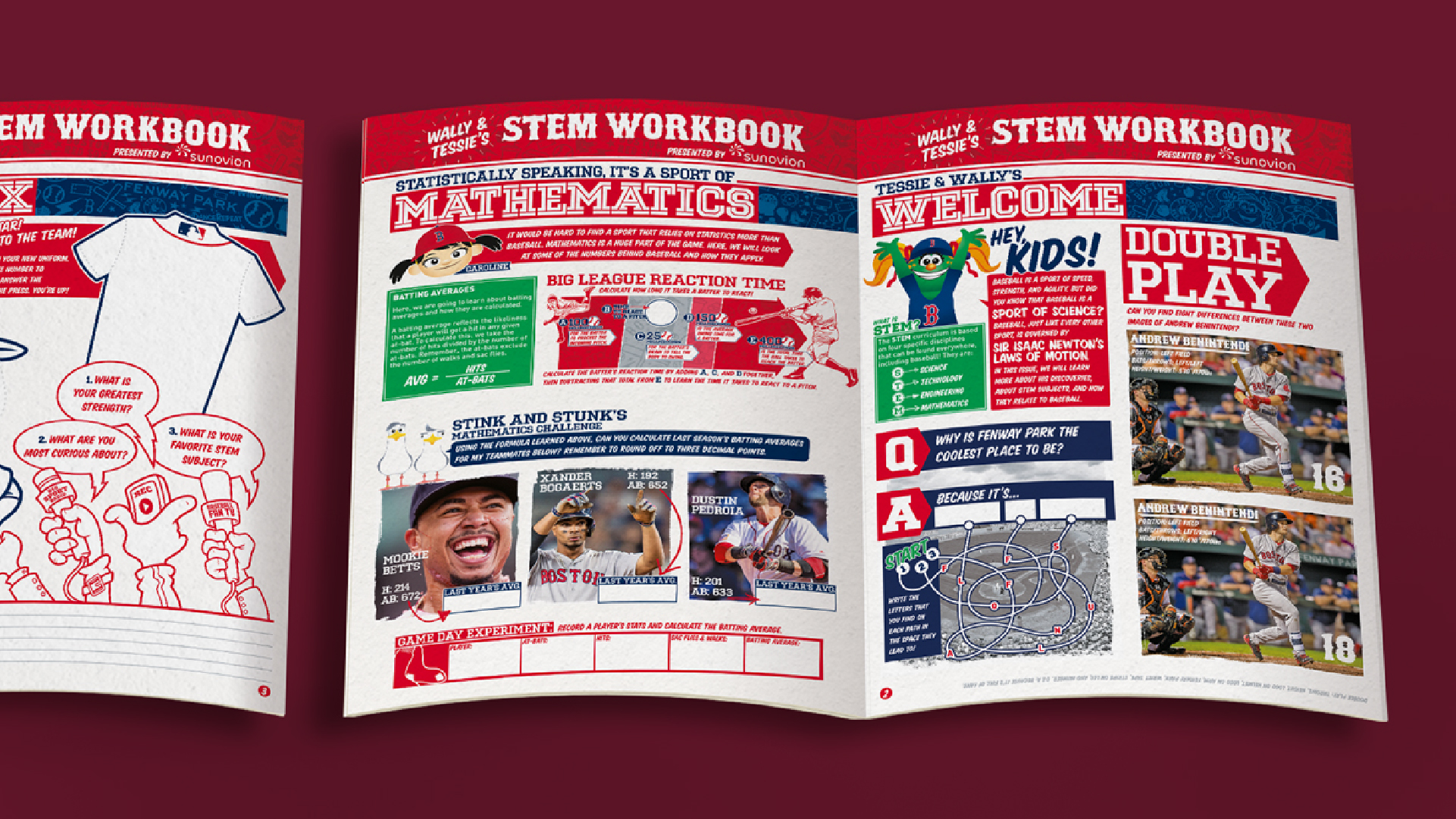  The STEM workbook features interactive exercises related to baseball, emphasizing mathematics and science concepts like reaction time and batting averages. Activities include a "Double Play" visual comparison and a section for kids to engage with STEM-related questions.