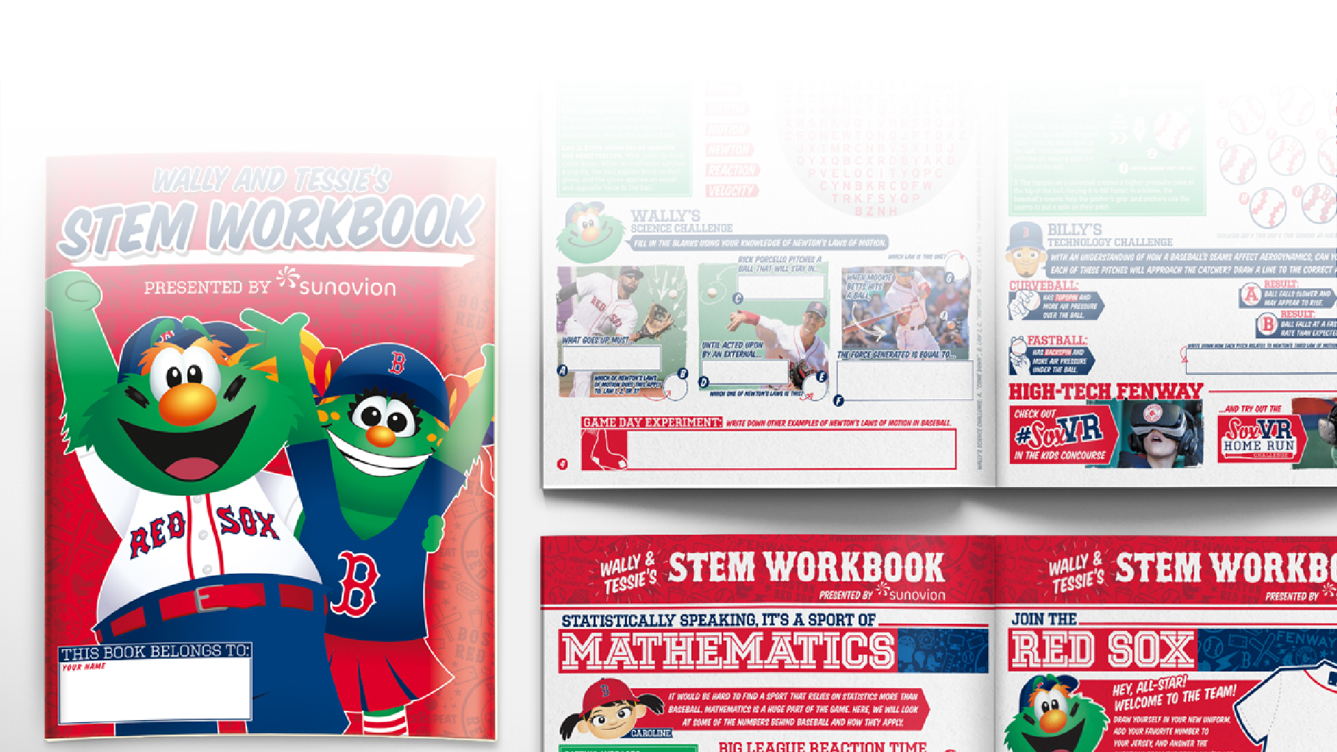 Wally and Tessie's STEM Workbook, presented by Sunovion, features activities combining baseball and science, including challenges on Newton's Laws of Motion and pitching techniques. 