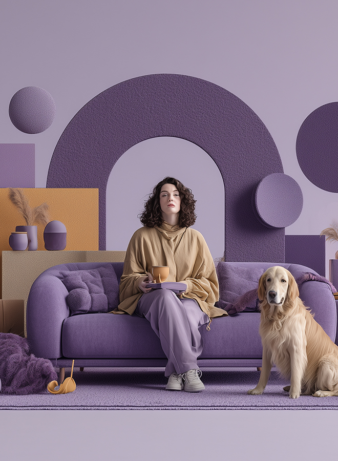 Junge Frau mit Hund in lila Fotoset – moderne Lifestyle-Ästhetik für Next Generation Kommunikation
