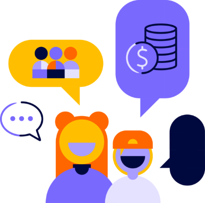 Illustration einer jungen Frau und eines Jungen mit Sprechblasen, die unterschiedliche Themen wie Community oder Finanzen als Icons darstellen.
