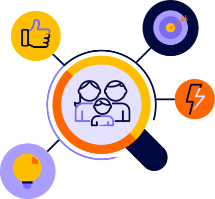 Illustration einer Mindmap, die in der Mitte eine Familie zeigt und davon ausgehend verschiedene marketingrelevante Icons.