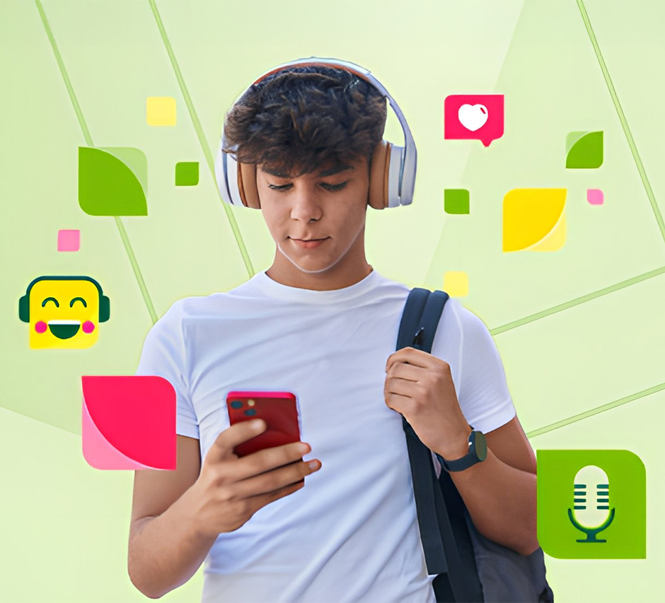 Junger Mann mit Kopfhörern schaut auf sein Smartphone