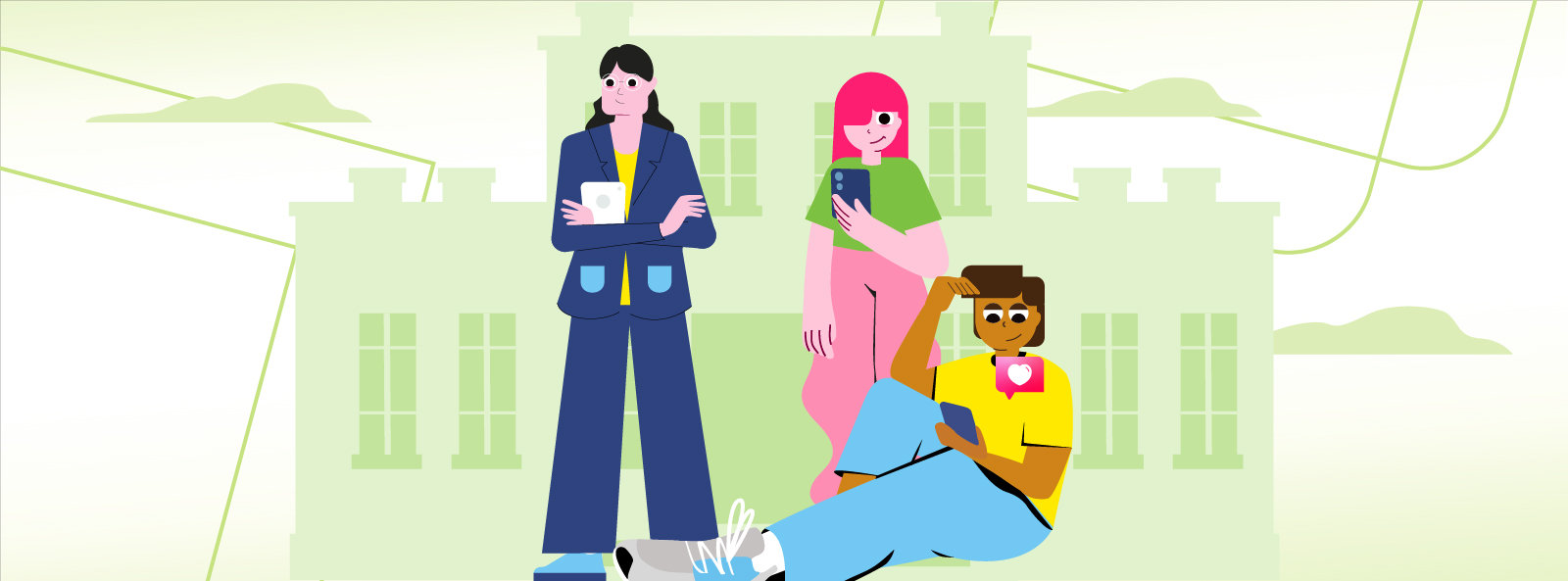 Illustration mit drei Personen unterschiedlichen Alters