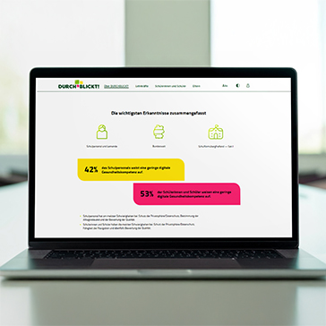 Laptop auf einem Tisch zeigt die Website von Durchblickt! mit Studienergebnissen zur digitalen Gesundheitskompetenz: 42 % des Schulpersonals und 53 % der Schüler:innen weisen eine geringe digitale Gesundheitskompetenz auf.
