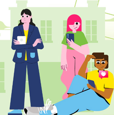 Illustration mit drei Personen unterschiedlichen Alters