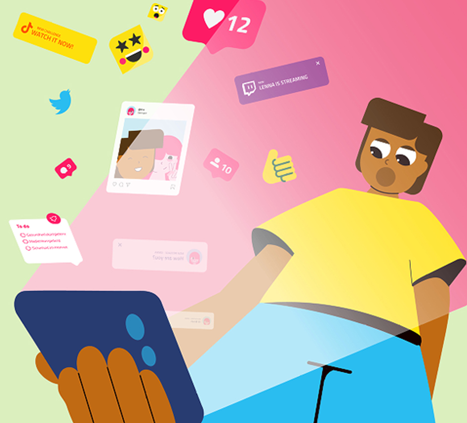 Illustration einer Person mit Smartphone, umgeben von Symbolen sozialer Medien wie Likes, Nachrichten, Emojis und Plattform-Icons. Die Szene zeigt den Einfluss digitaler Kommunikation und Mediennutzung auf Jugendliche.