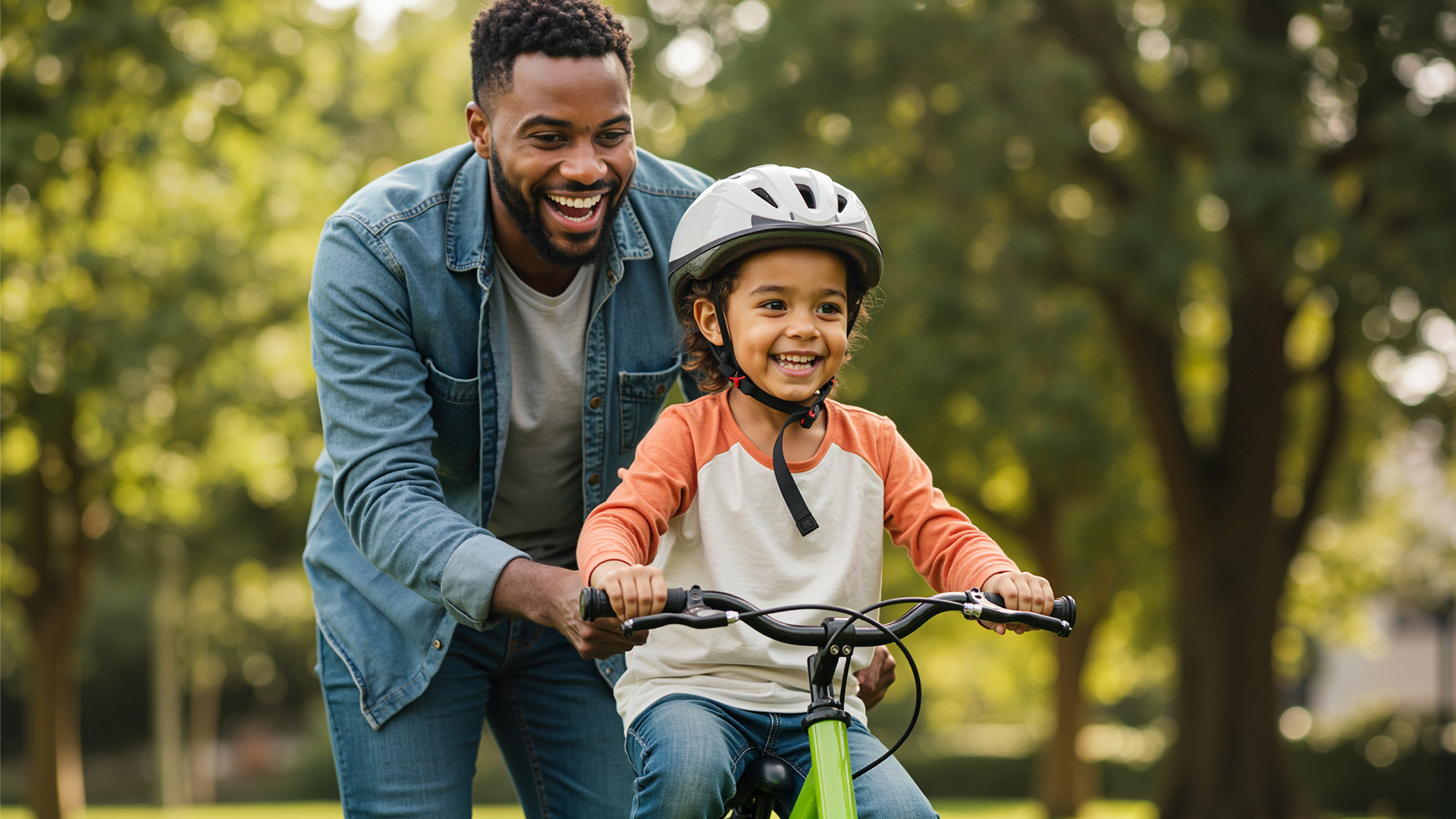 Vater hilft seinem Kind beim Fahrrad fahren. Beide lachen.