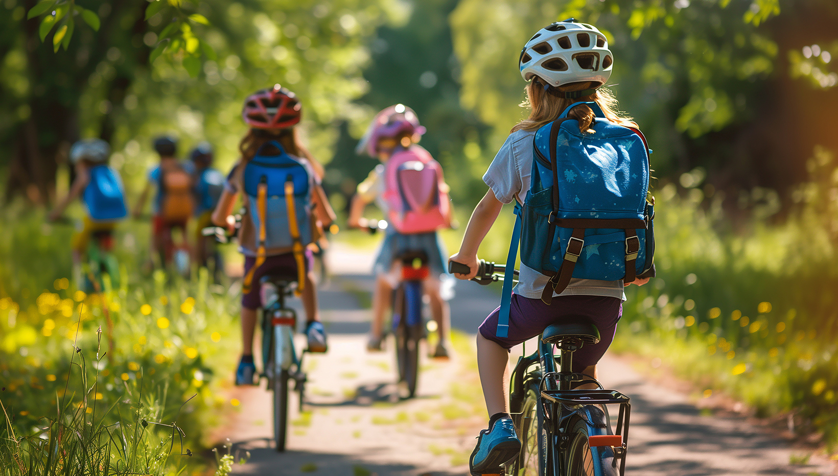 Gruppe Kinder auf Fahrrädern mit Rucksäcken auf dem Rücken von hinten.