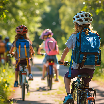 Gruppe Kinder auf Fahrrädern mit Rucksäcken auf dem Rücken von hinten.