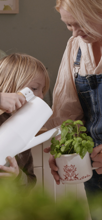 Kind gießt Basilikum, der von Mutter gehalten wird