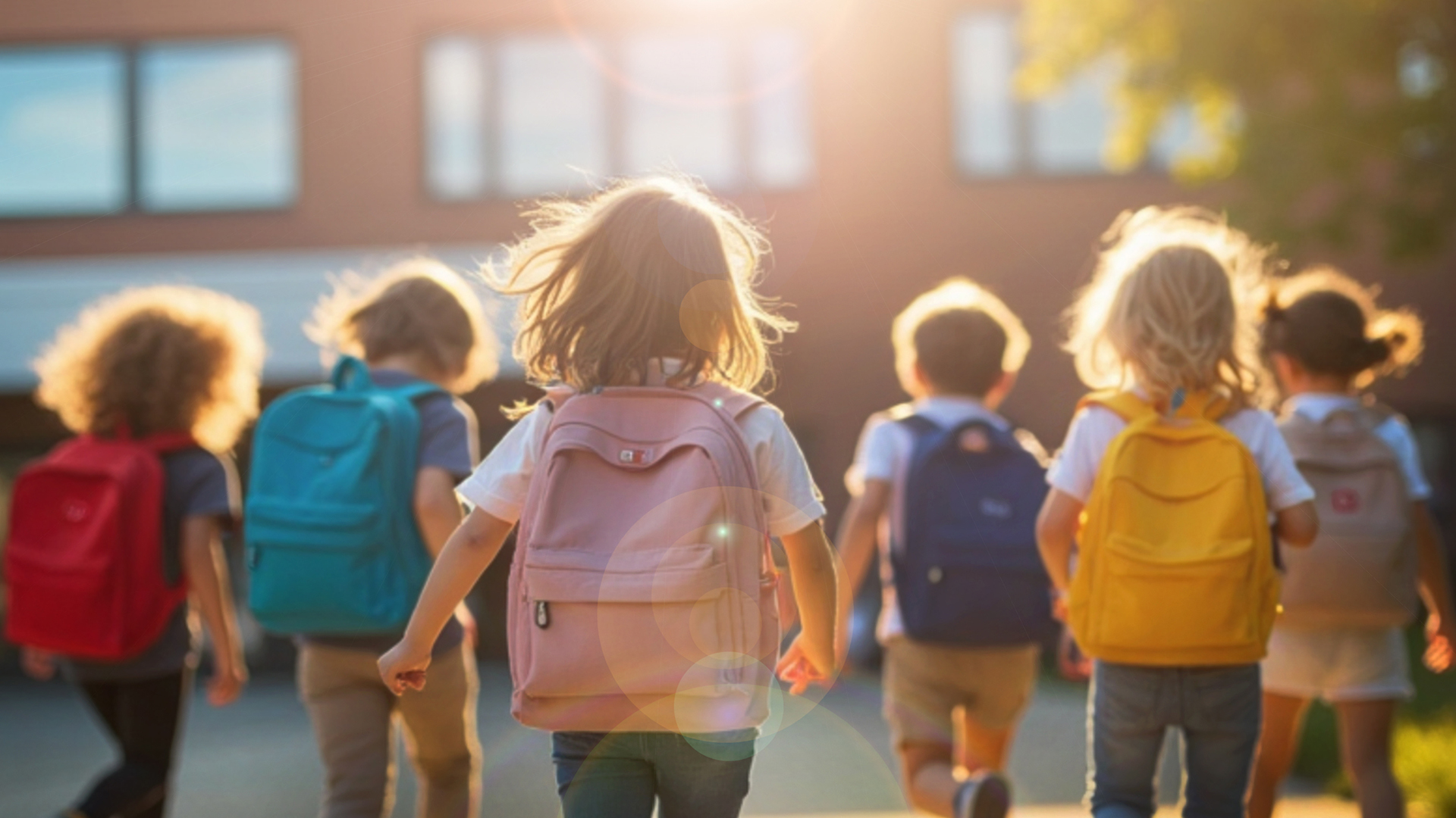 Gruppe Kinder rennend mit Rücksäcken auf dem Rücken 