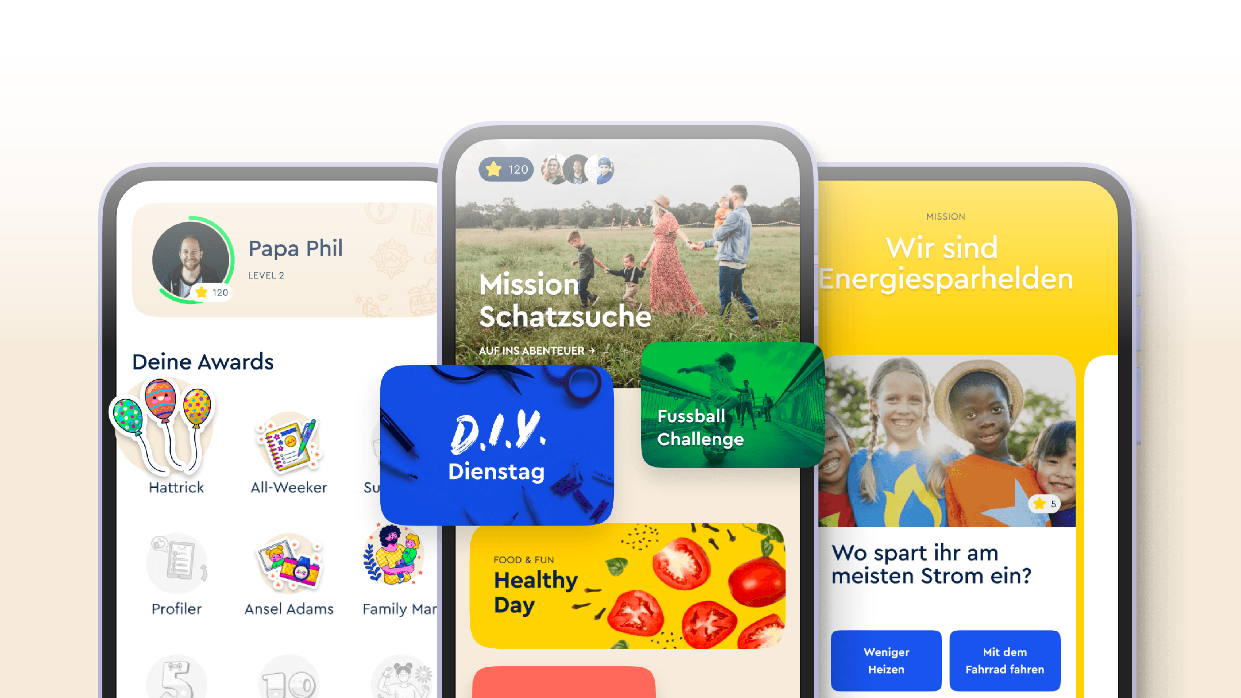 Drei Smartphones mit Family-Missions-App