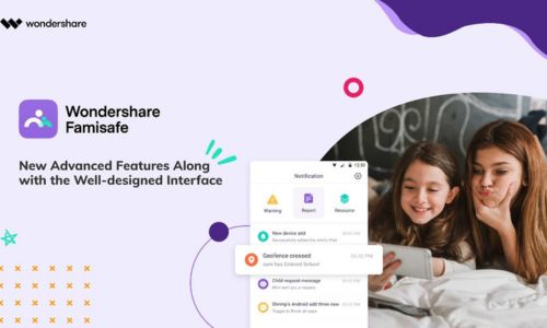 Wondershare Famisafe ofrece funciones avanzadas con una interfaz elegante. La imagen muestra a dos niños mirando un teléfono, con notificaciones que destacan funciones de seguridad como las alertas de geovallas.