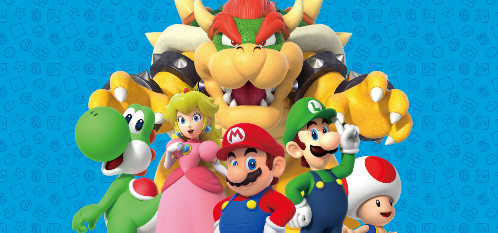 Characters from the Super Mario games available for Nintendo Switch. The background is light blue.