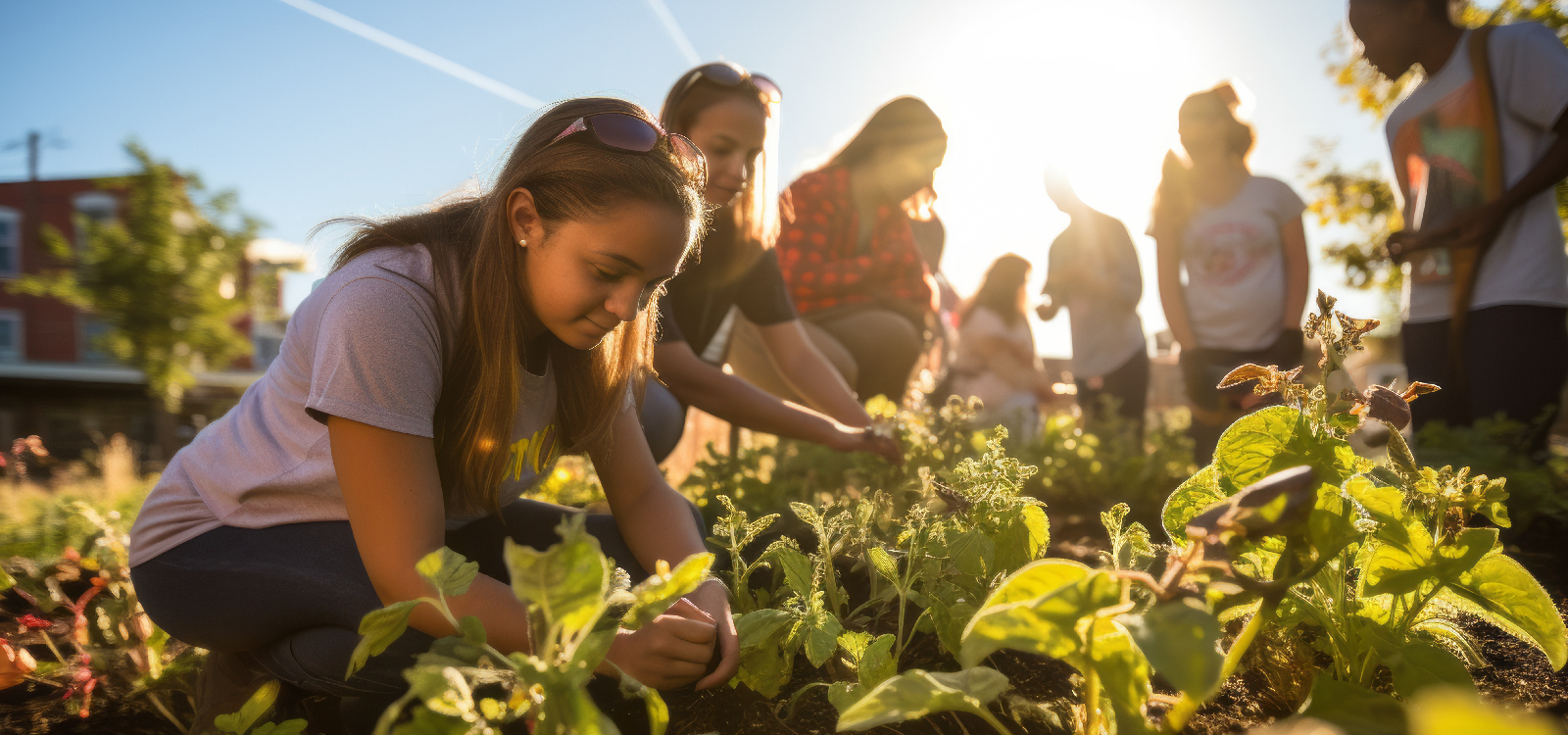 A group of children and teenagers stand by a vegetable patch and plant herbs in the ground.