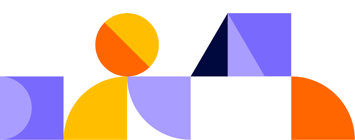 Illustration with different shapes of triangles, circles and sqaures in the brand identity colors light blue, mid blue, dark blue, orange and yellow.