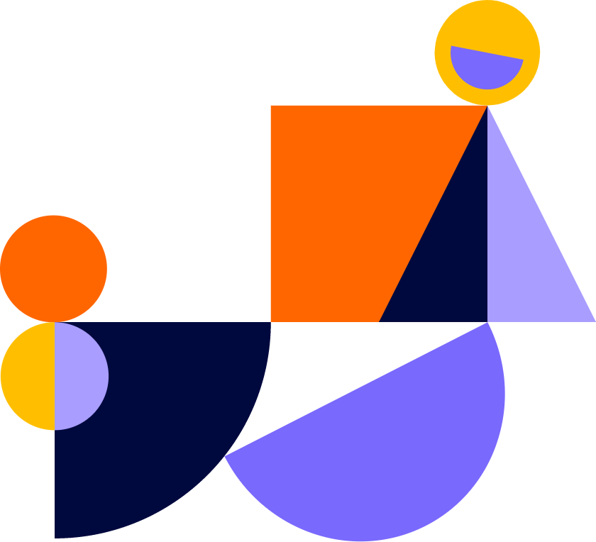 Tangram illustration: various shapes (triangle, square, circle) in the brand identity colours of We Are Family light blue, mid blue, dark blue, orange and yellow. The background is white.