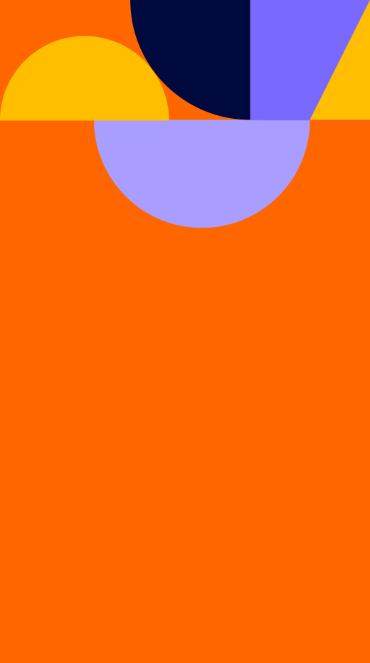 Orange background with shapes [triangle and (half) circle] in the colours dark blue, blue, light blue and yellow.