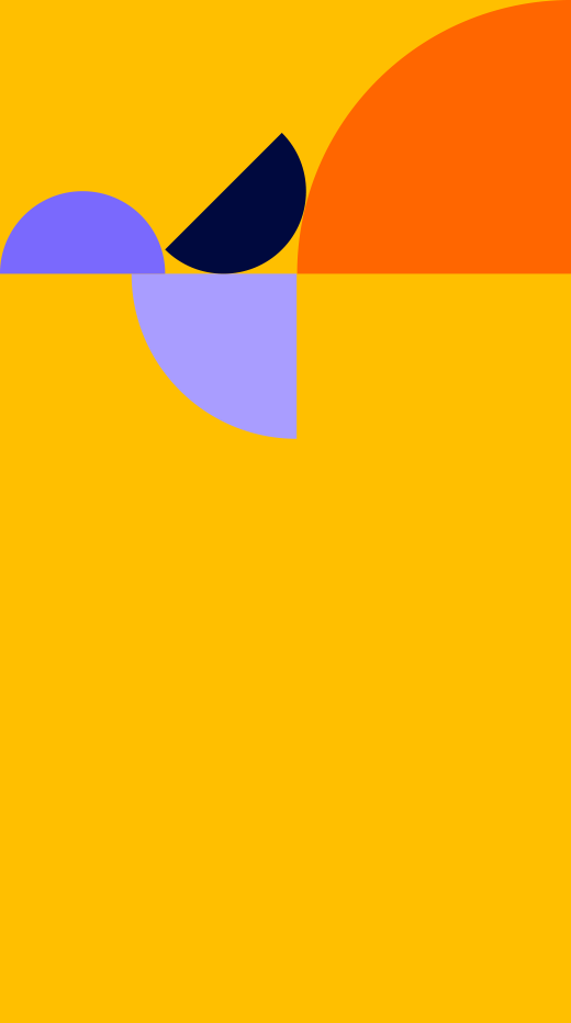 Yellow background with shapes (half circles) in the colours dark blue, light blue and orange.