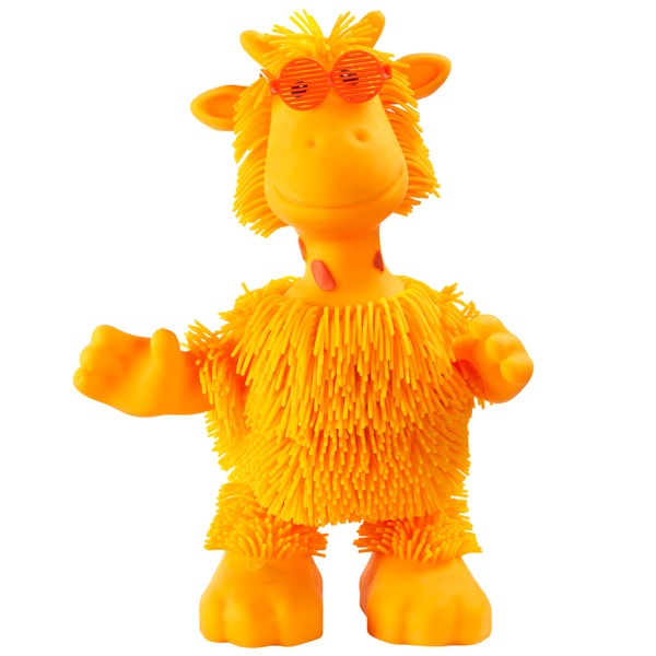 Orange giraffe figure with spiky texture and sunglasses, designed as a fun toy.