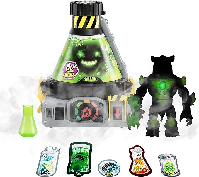 Play set with a smoking laboratory apparatus and a black monster figure that simulates chemical reactions and experiments.