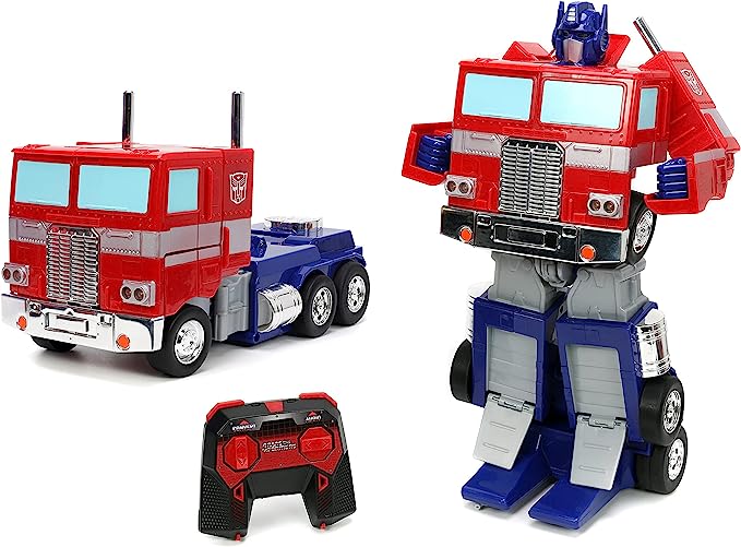 Remote-controlled toy that can be transformed from a red truck into a robot, remote control included.