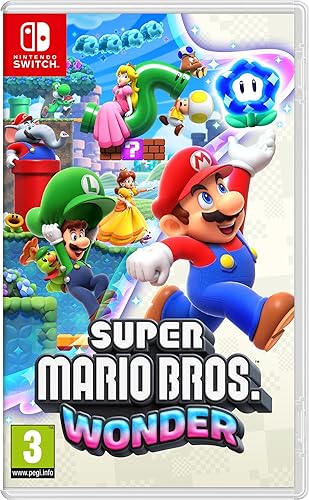 Cover of the game "Super Mario Bros. Wonder" for the Nintendo Switch, with Mario and other characters in a colorful game world.