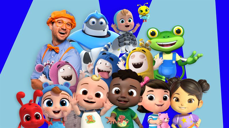 A group of colorful, cheerful cartoon characters along with a smiling man wearing orange glasses and cap. The characters appear child-friendly, with various animals and children in the group.