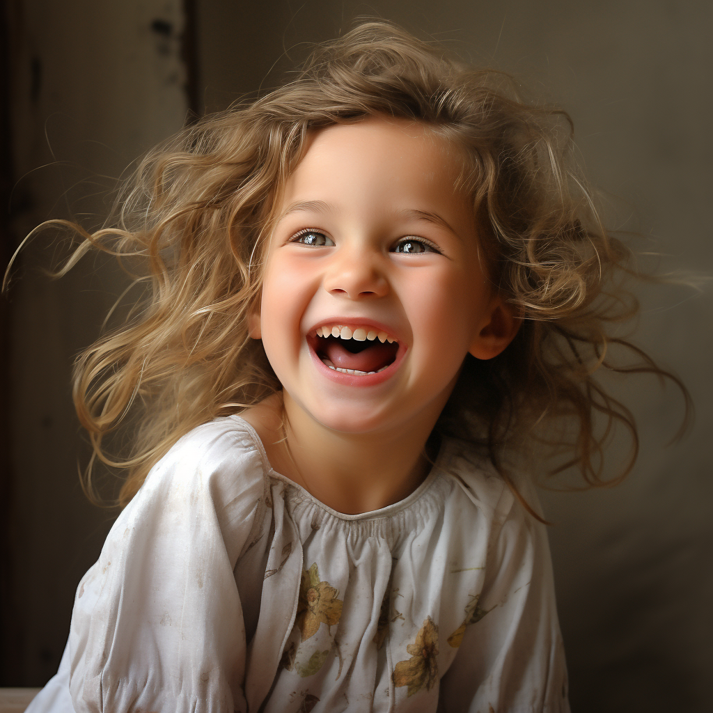 Laughing child with wild, curly hair beams with joy and looks to the side.