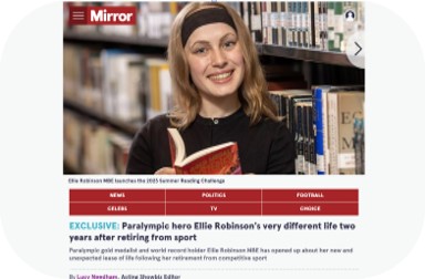 A woman in a library holds a book and smiles. At the top is the logo of the Mirror website, and below is an article about Paralympian Ellie Robinson.